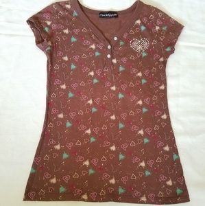 Brown Colorful Hearts Short Sleeves Shirt
